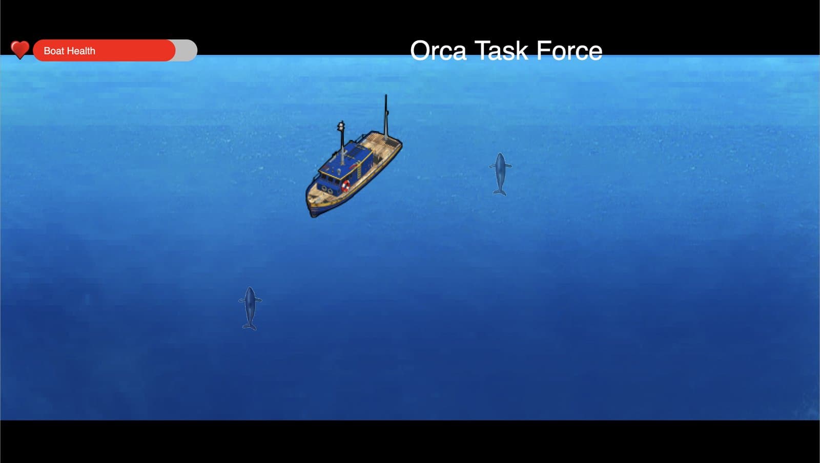 Top-down game view with a boat, orcas, and boat health bar