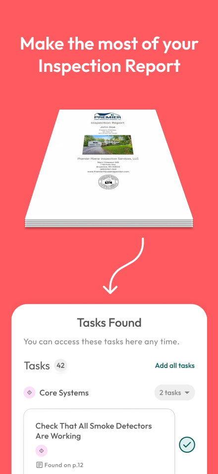 Domis: inspection report flows into Tasks Found, core systems, and actionable checklist items