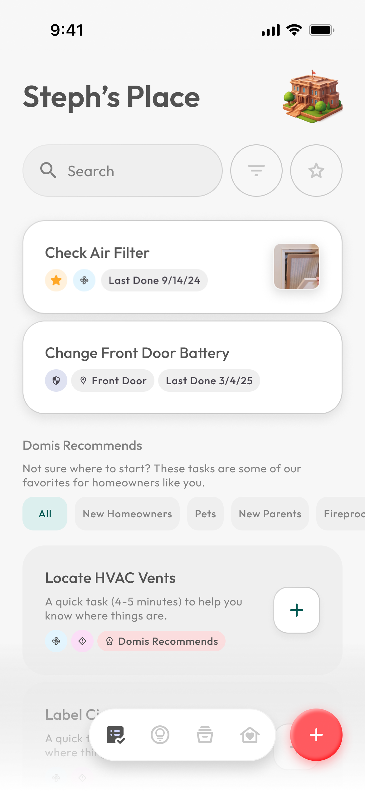 Domis app task list showing home maintenance items
