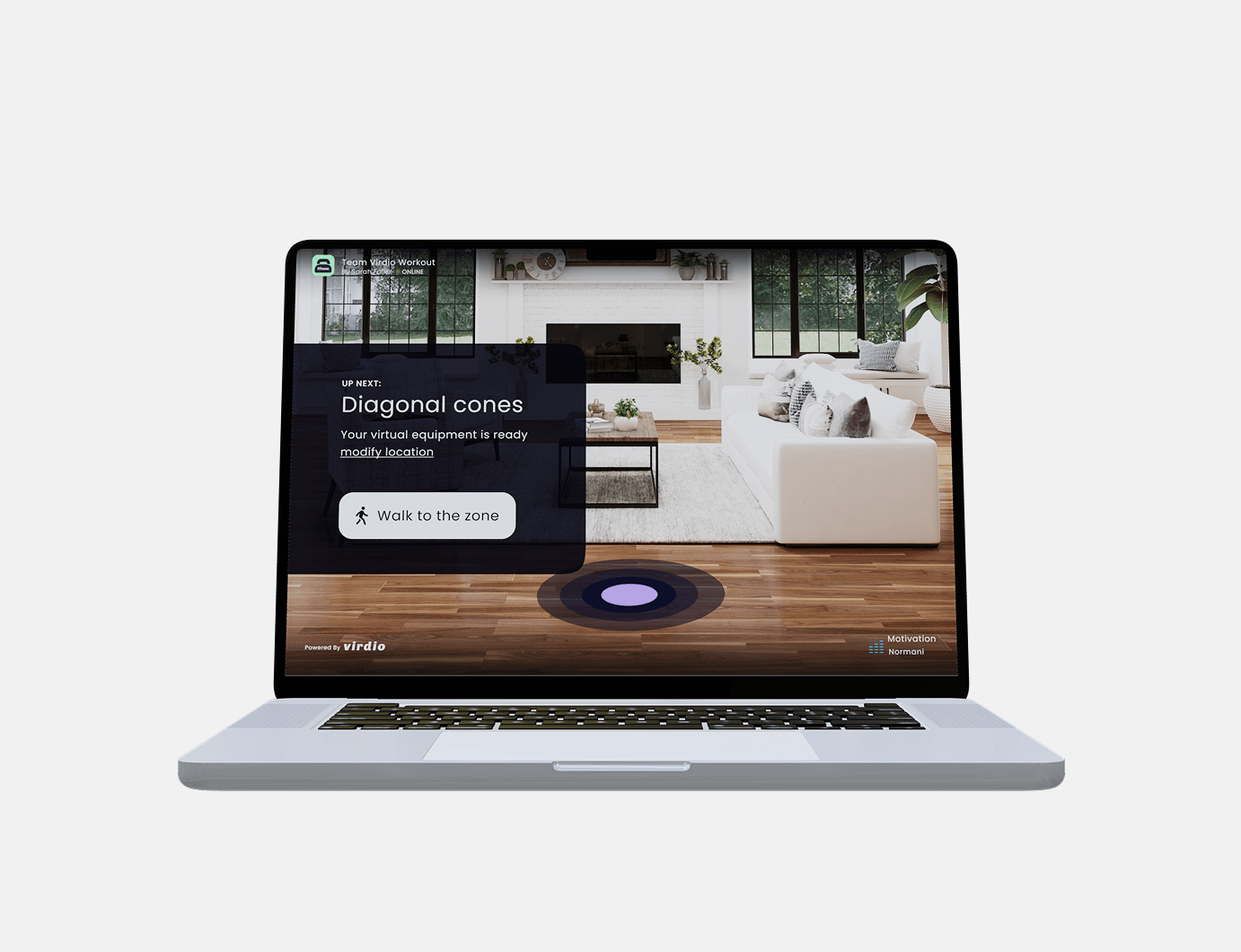 Desktop app showing room calibration: Diagonal cones step with walk-to-zone instruction