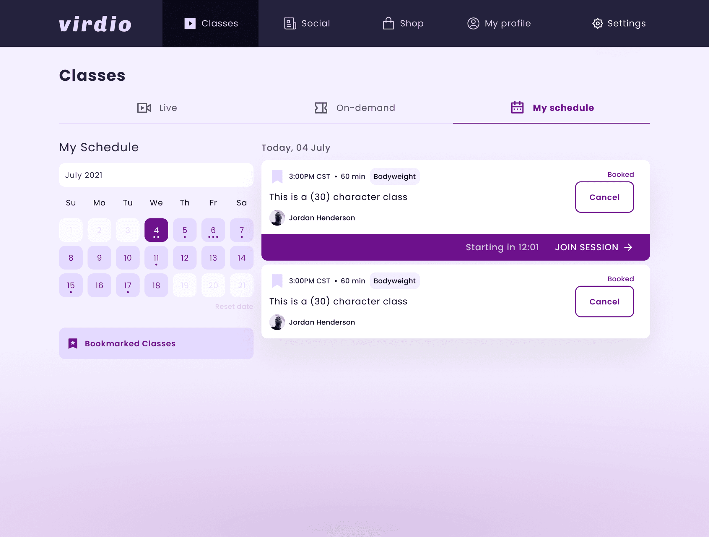 My Schedule: calendar widget with booked classes and Join Session CTA