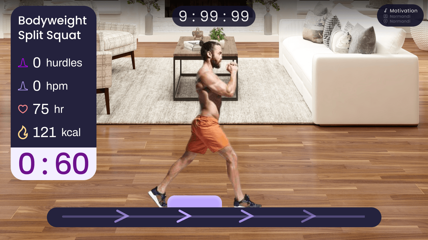 Desktop AR HUD: split squat with metrics panel, timer, and AR floor track
