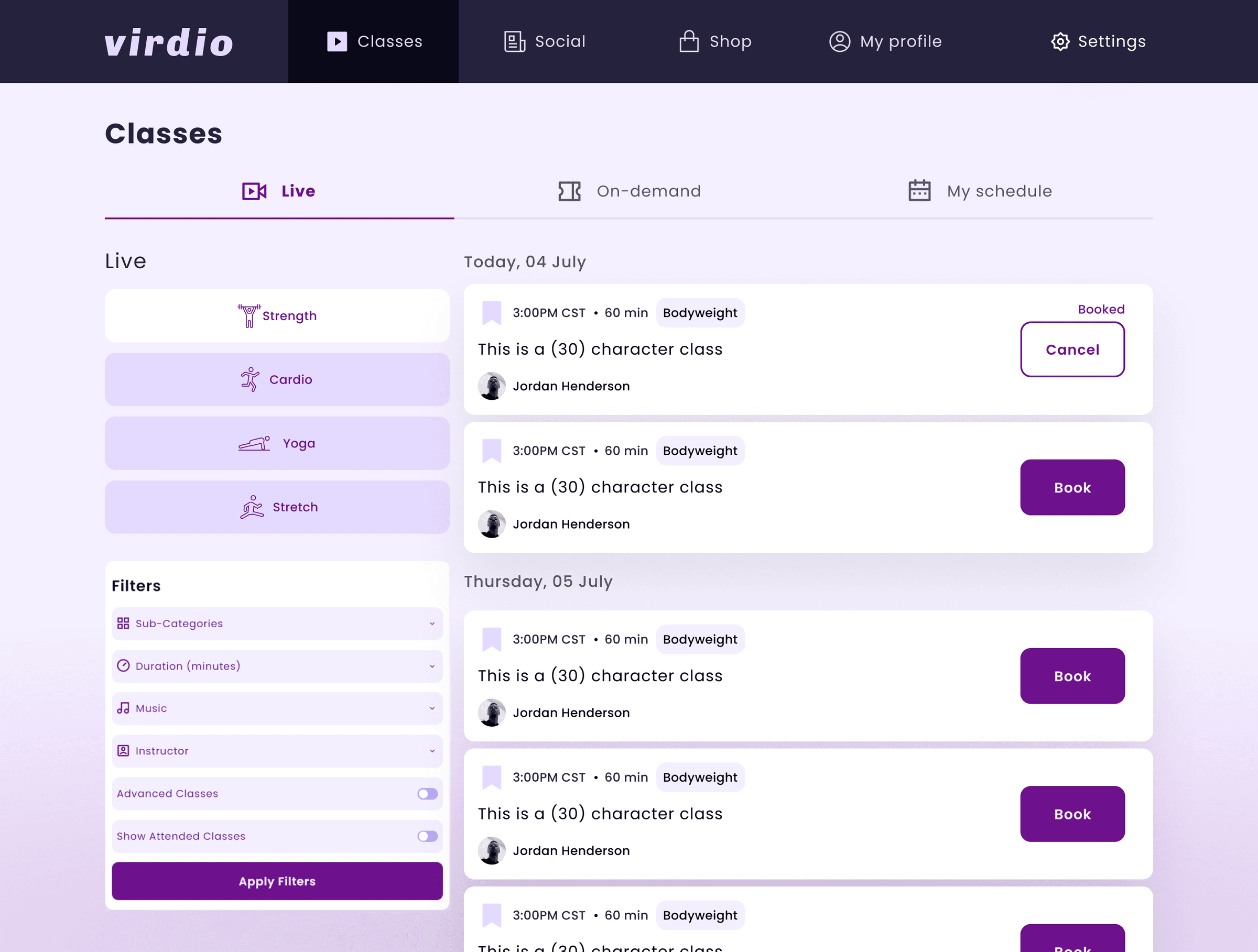 Desktop class browsing: sidebar category filters, day-grouped class list