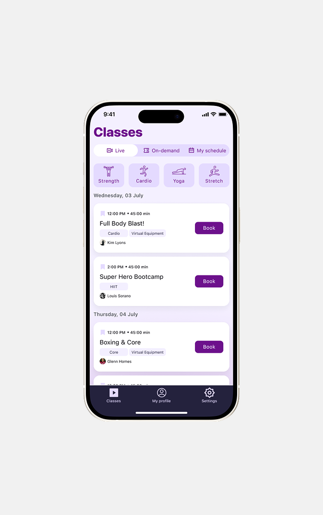 Mobile app: class browsing with Live and On-demand tabs and category filters
