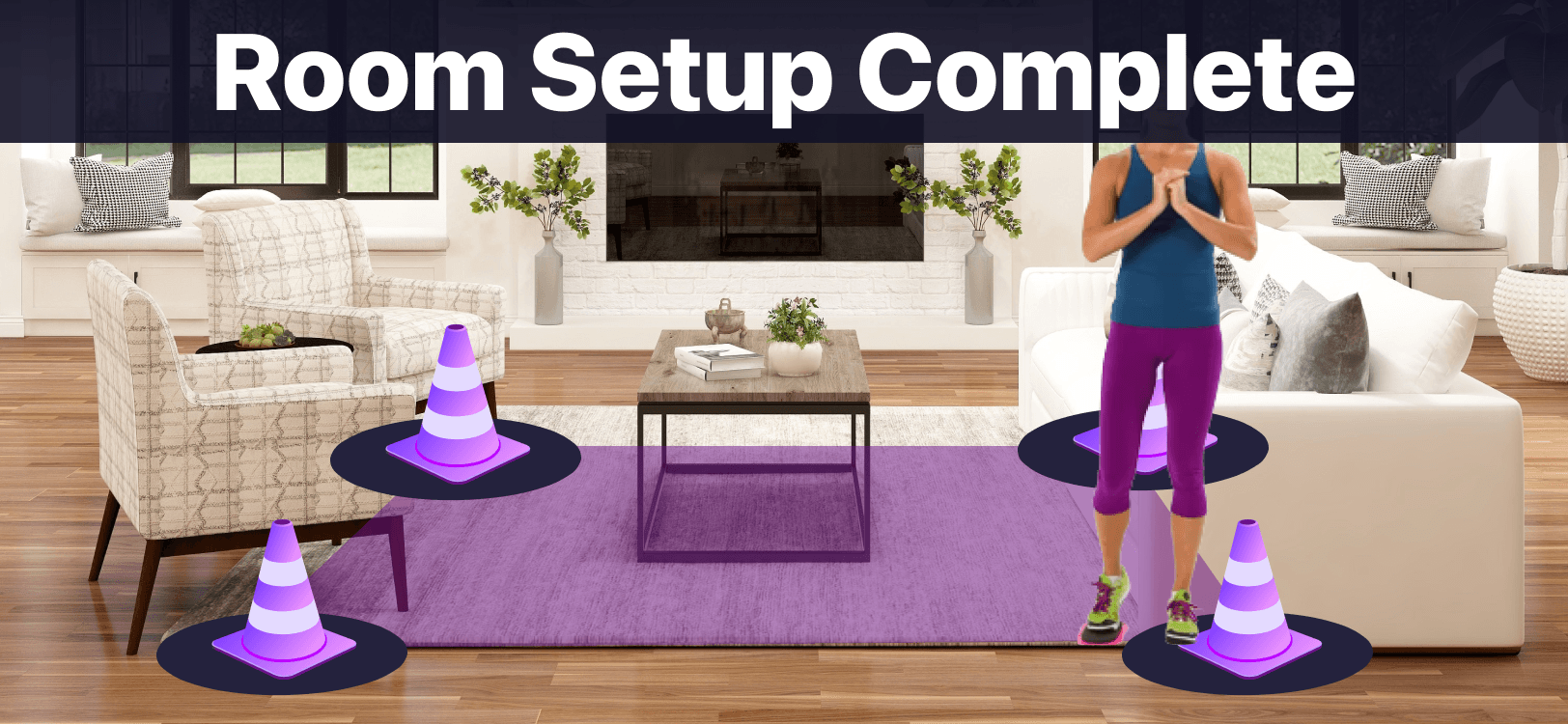 Room Setup Complete: four purple cones define the workout space