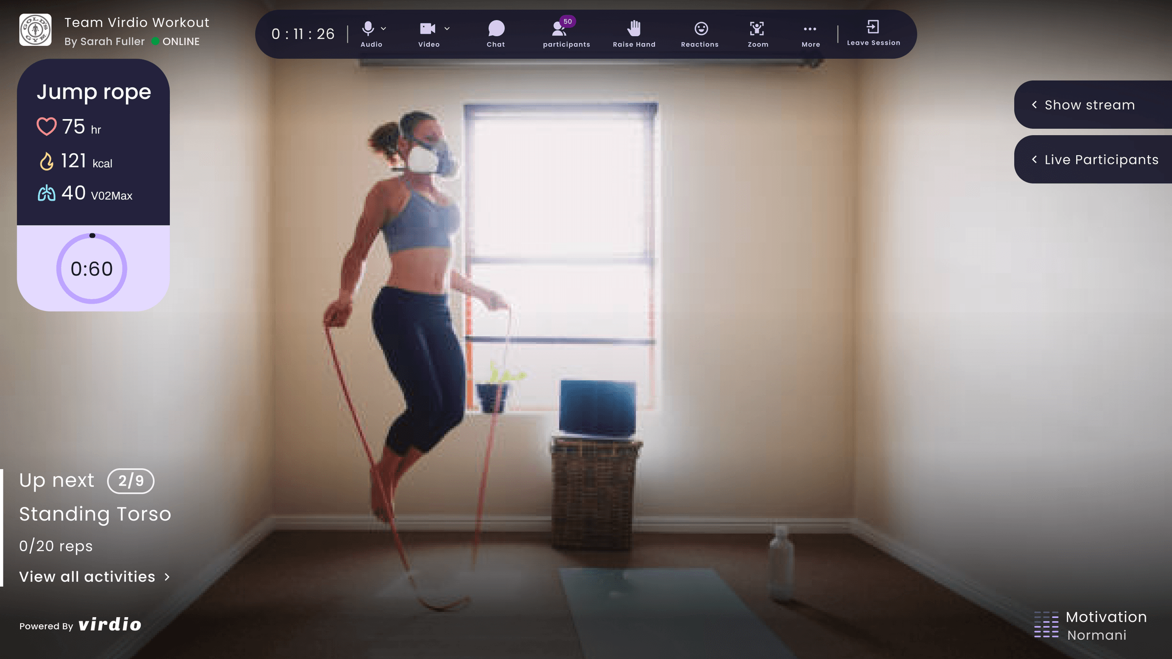 Desktop AR workout: full metrics, toolbar, participant controls